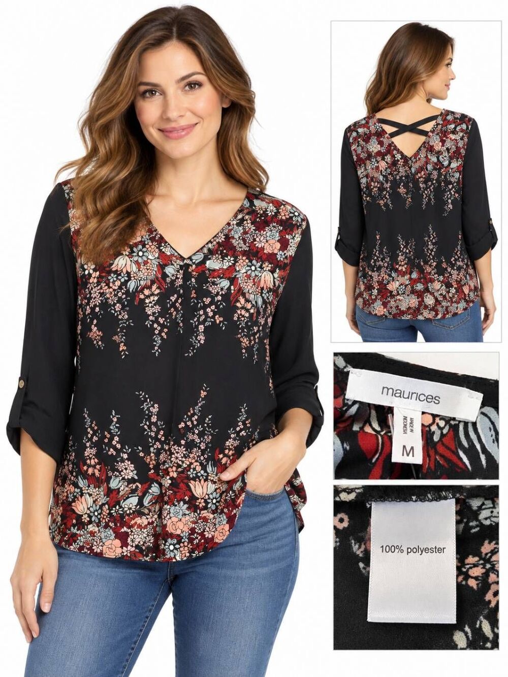Maurices Size M Black Floral Criss Cross Back Blouse NWT